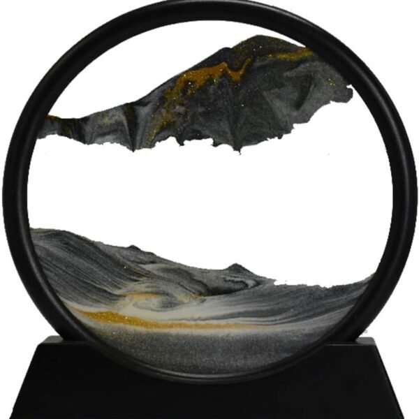 Moving Sand Art Picture Round Glass 3D Deep Sea Sandscape in Motion Display Flowing Sand Frame Relaxing Desktop Home Office Work Decor (7", Black)