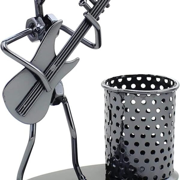 Metal Art Pen Pencil Holder with a Musician Playing Music, Home Office Decoration Work Desk Organizer