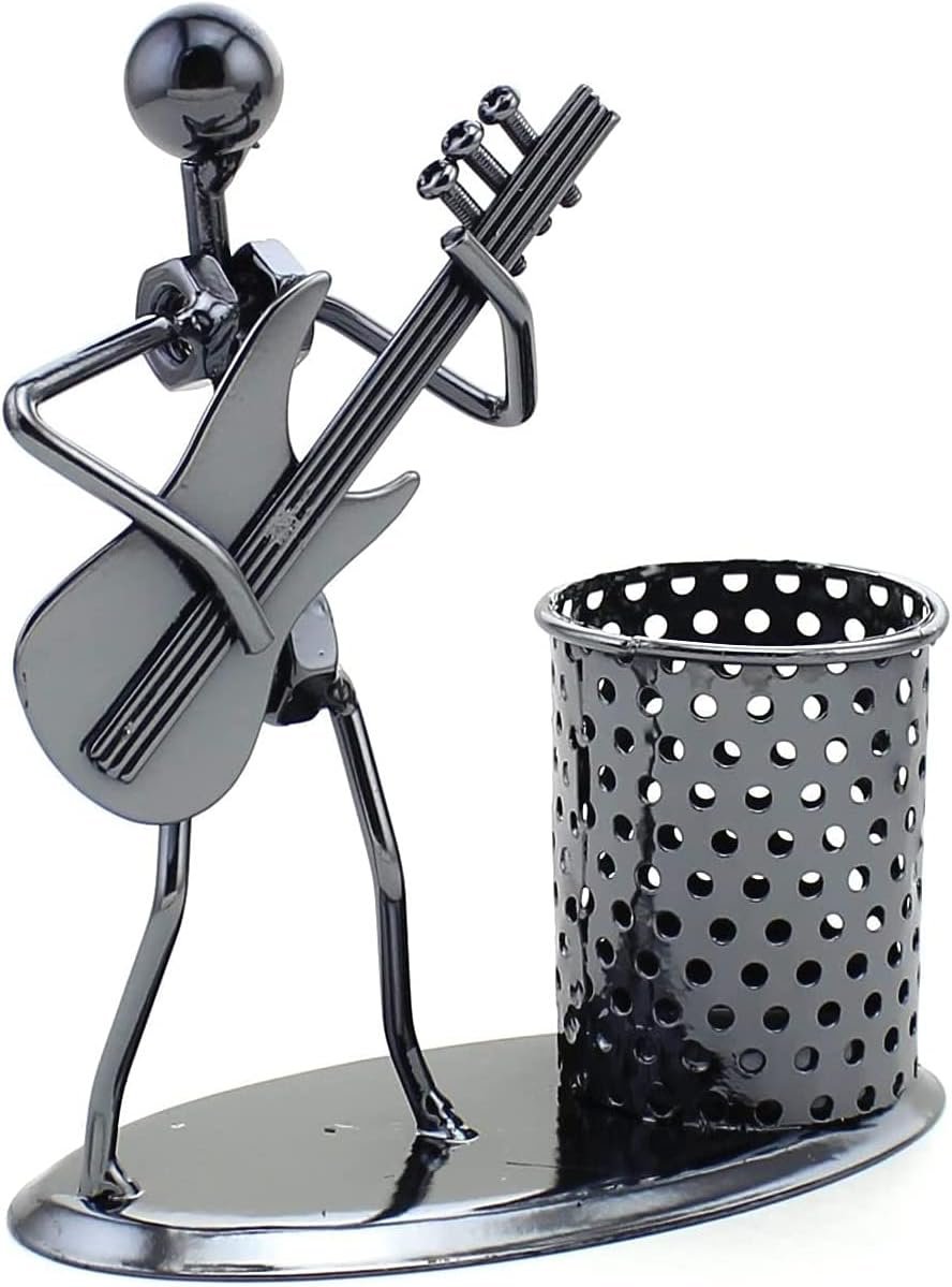 Metal Art Pen Pencil Holder with a Musician Playing Music, Home Office Decoration Work Desk Organizer