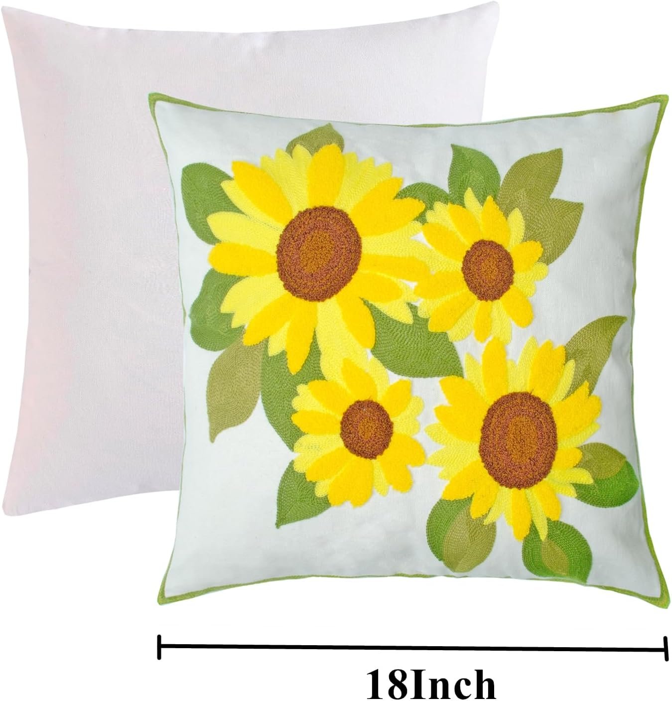 Embroidered Decorative Throw Pillow Cover, 18"x18" Set of 2, Farmhouse Pillowcase Yellow Sunflower Knit Pattern Cotton Canvas Cushion Case Square Floral Pillow Case for Sofa Couch Bed Living Room - Image 2