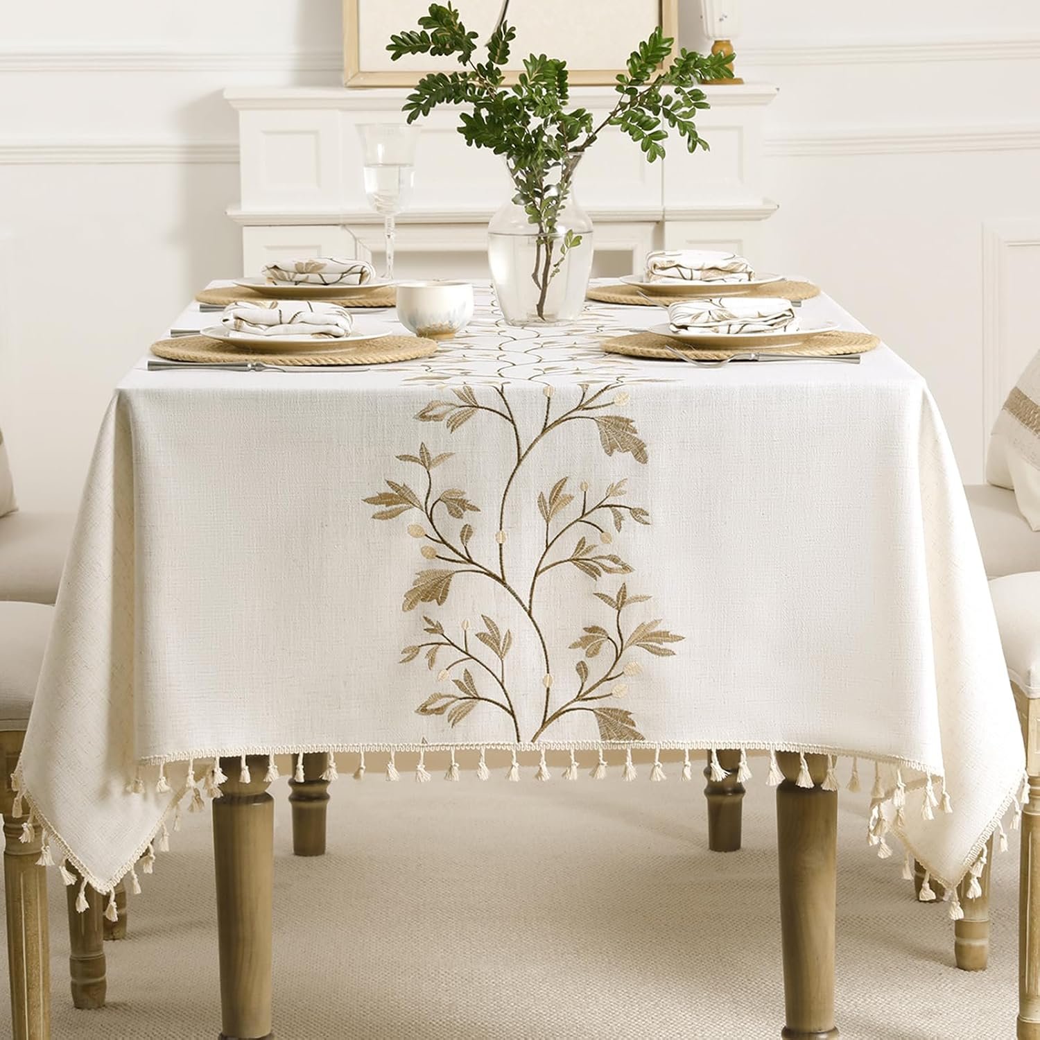 Wrinkle-Resistant Cotton-Linen Tablecloth with Floral Embroidery & Tassels