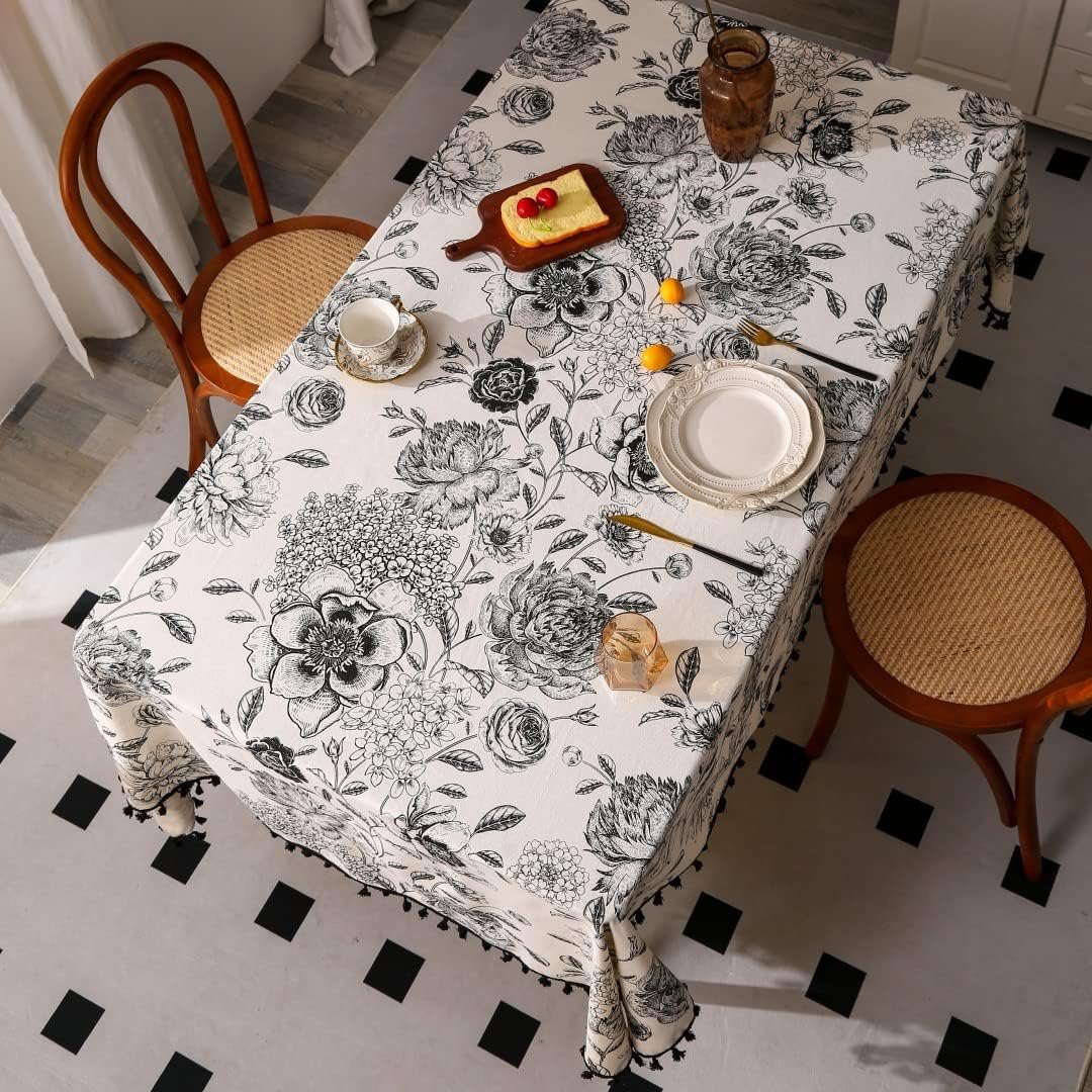 Bohemian Cotton-Linen Tablecloth with Floral Print & Tassels (Rectangular) - Image 2