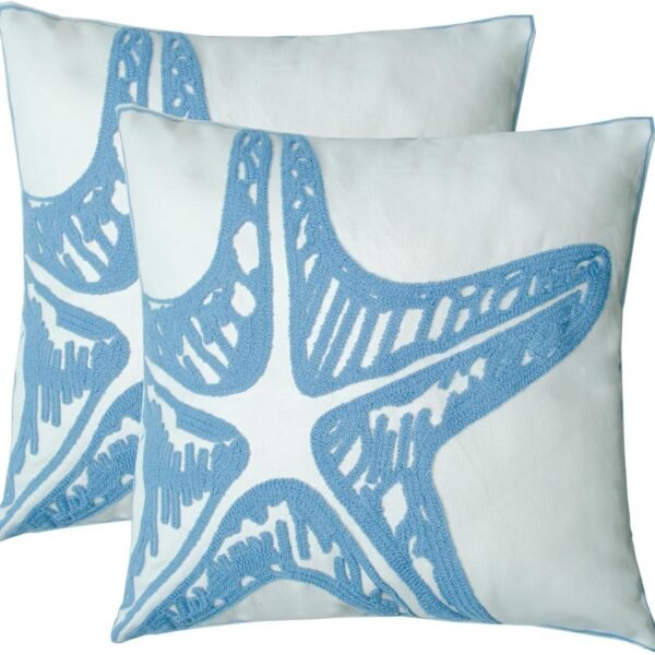 Embroidered Decorative Throw Pillow Cover, 18"x18" Set of 2, Farmhouse Pillowcase Blue Sea Star Knit Pattern Cotton Canvas Cushion Case Square Floral Pillow Case for Sofa Couch Bed Living Room