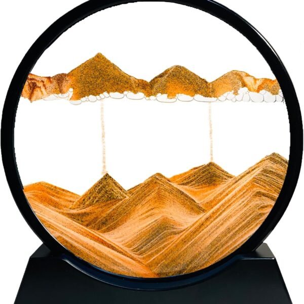 Moving Sand Art Liquid Motion - Moving Sand Art Picture Decor 3D Deep Sea Sandscape, Round Glass Frame Display Flowing Sand Relaxing Toy for Desktop Home Office Work Decoration(Yellow, 7")