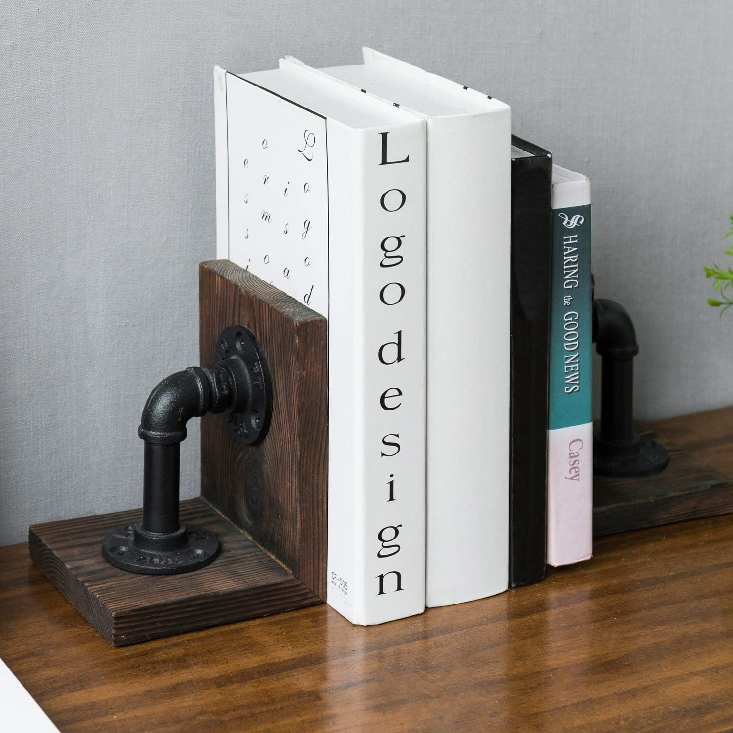 Dark Brown Industrial Pipe & Rustic Wood Bookends, Set of 2 - Image 2