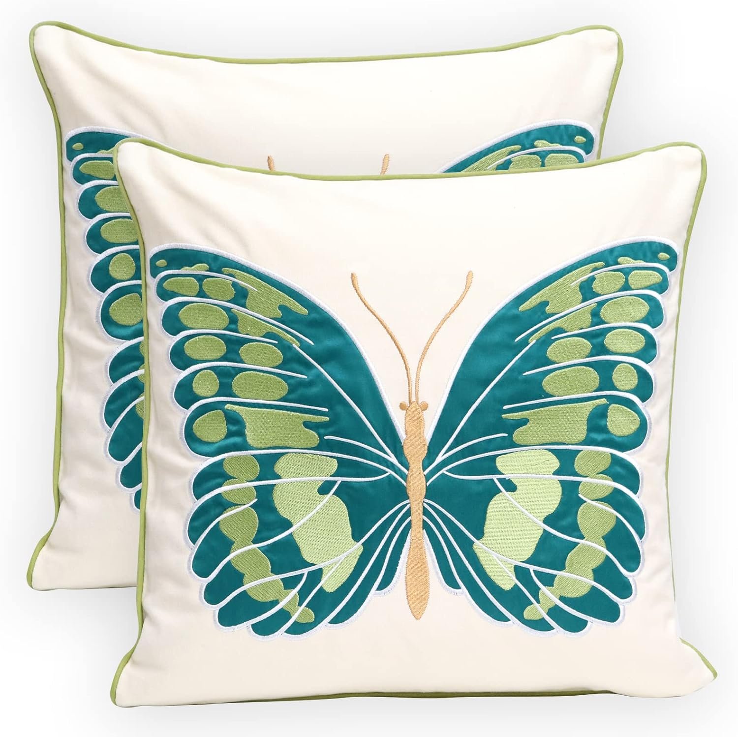 Set of 2 Embroidered Decorative Throw Pillow Covers Couch Square Pillowcases Cushion for Bedroom Sofa Farmhouse Decor 18x18 Inch (Big Butterfly)