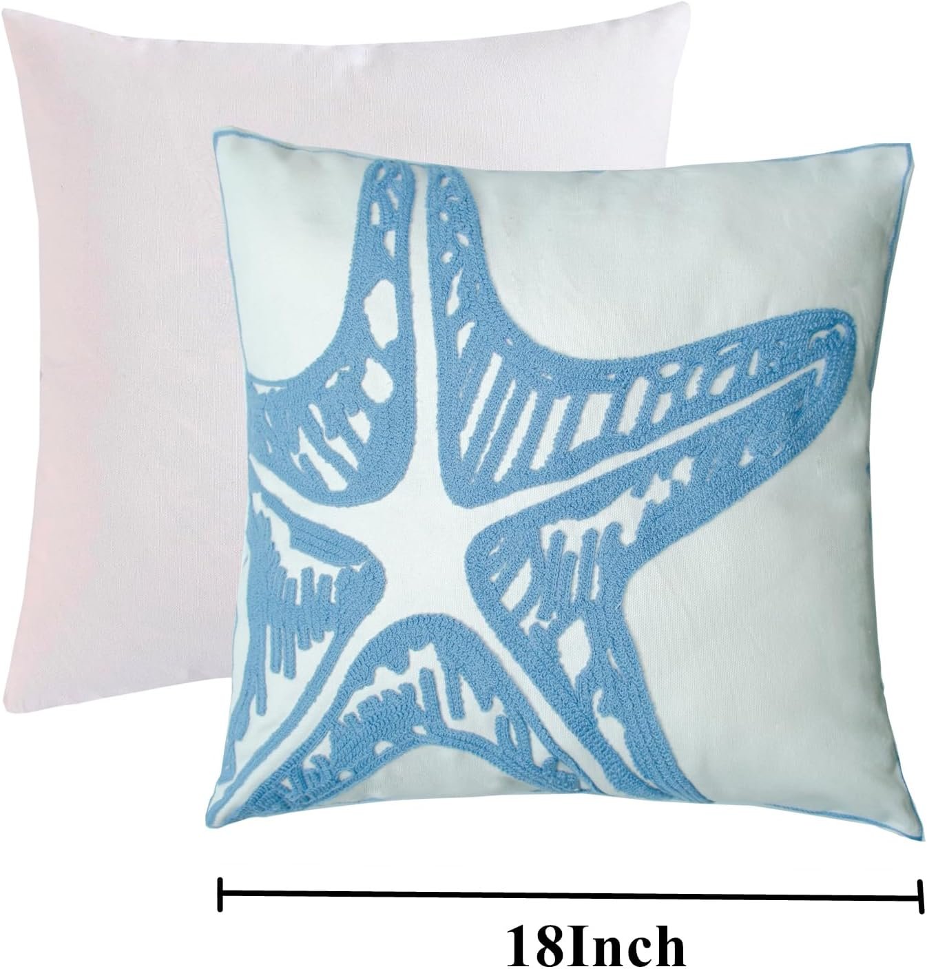 Embroidered Decorative Throw Pillow Cover, 18"x18" Set of 2, Farmhouse Pillowcase Blue Sea Star Knit Pattern Cotton Canvas Cushion Case Square Floral Pillow Case for Sofa Couch Bed Living Room - Image 2