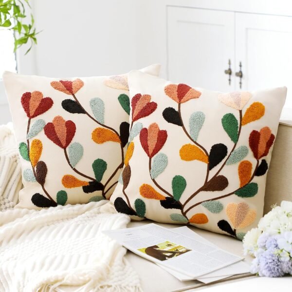 2 Pcs Floral Embroidered Pillow Cover 18 x 18 Inch Decorative Flower Pillow Covers Boho Trendy Jacquard Decor for Home Bed Sofa Housewarming Gifts (Leaves)