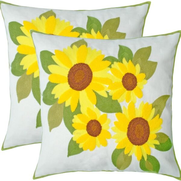 Embroidered Decorative Throw Pillow Cover, 18"x18" Set of 2, Farmhouse Pillowcase Yellow Sunflower Knit Pattern Cotton Canvas Cushion Case Square Floral Pillow Case for Sofa Couch Bed Living Room