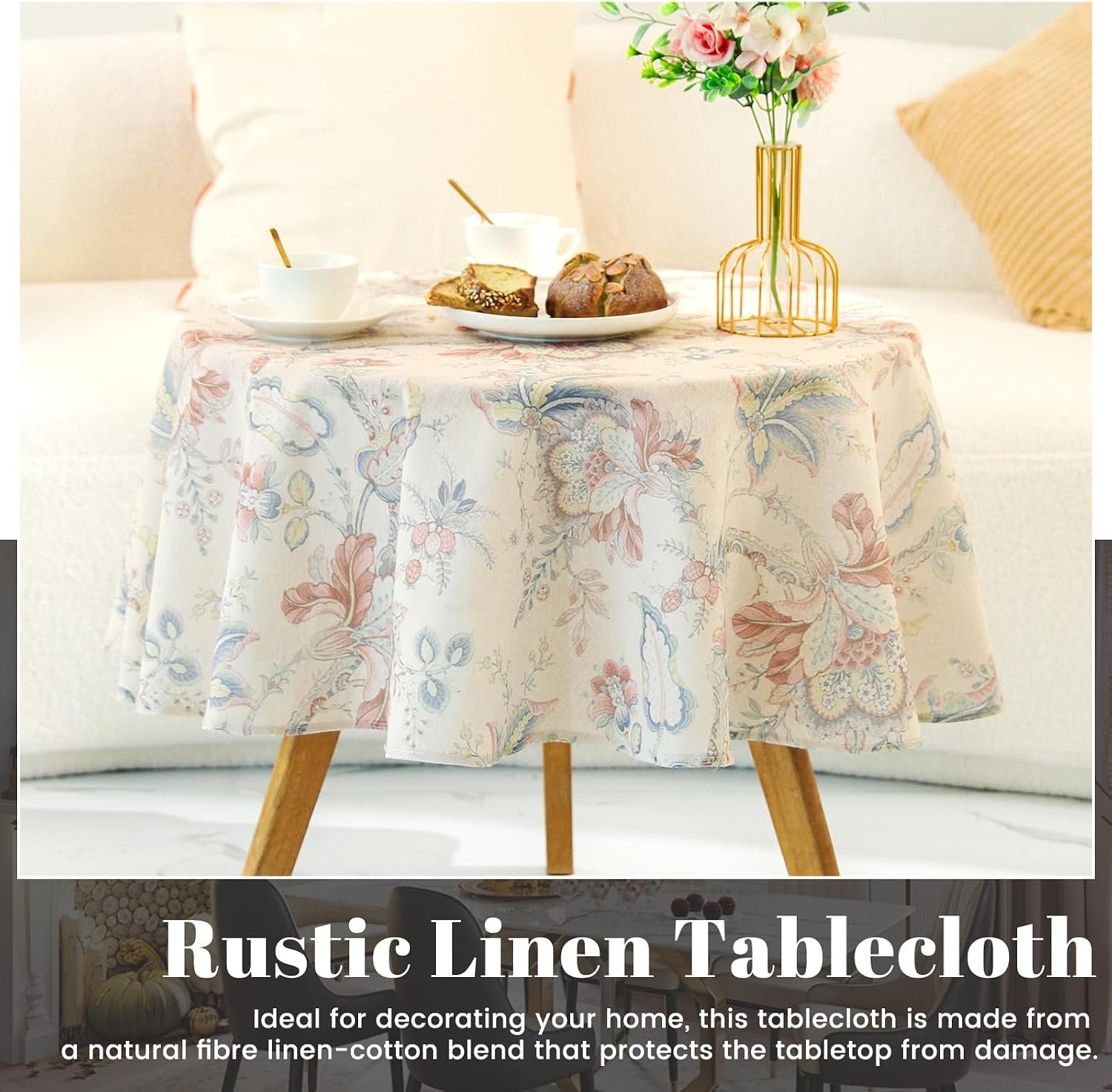 Washable Linen Tablecloth with Floral Print (Round) - Image 2
