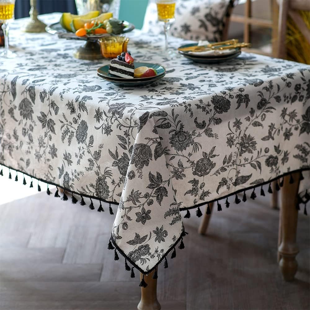Bohemian Cotton-Linen Tablecloth with Floral Print, Tassels, and Lace - Image 2