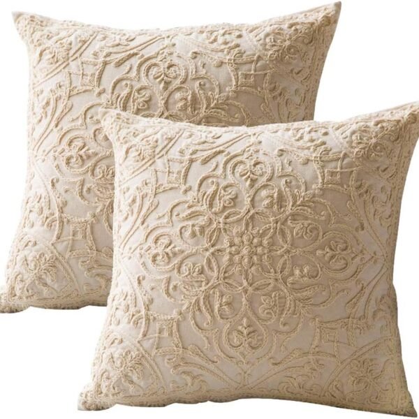 Embroidery Throw Pillow Case Covers Square Cushion Cover 100% Cotton with Zipper for Home Decorative 20x20 inches(50x50cm) (Beige, 2 Pieces)