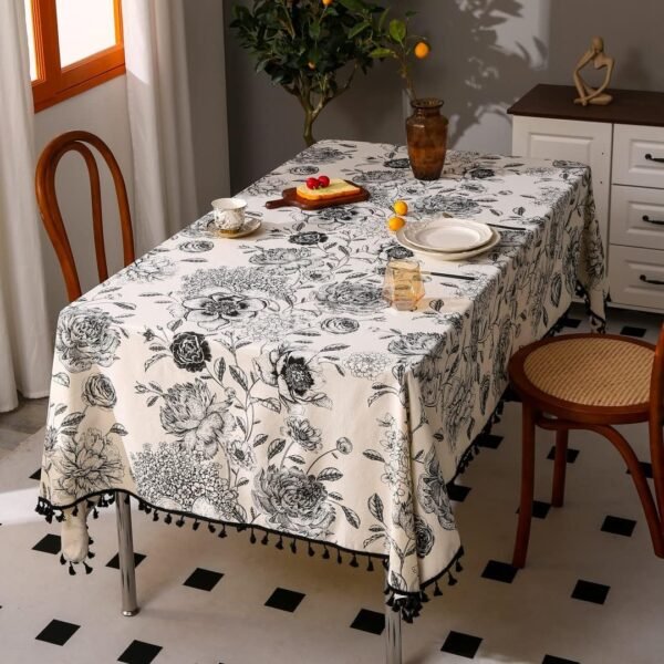 Bohemian Cotton-Linen Tablecloth with Floral Print & Tassels (Rectangular)