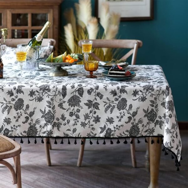 Bohemian Cotton-Linen Tablecloth with Floral Print, Tassels, and Lace