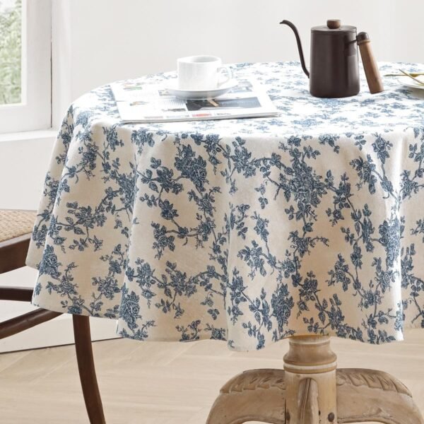 Washable Cotton-Linen Tablecloth with Floral Print (Cottage Style, Round)