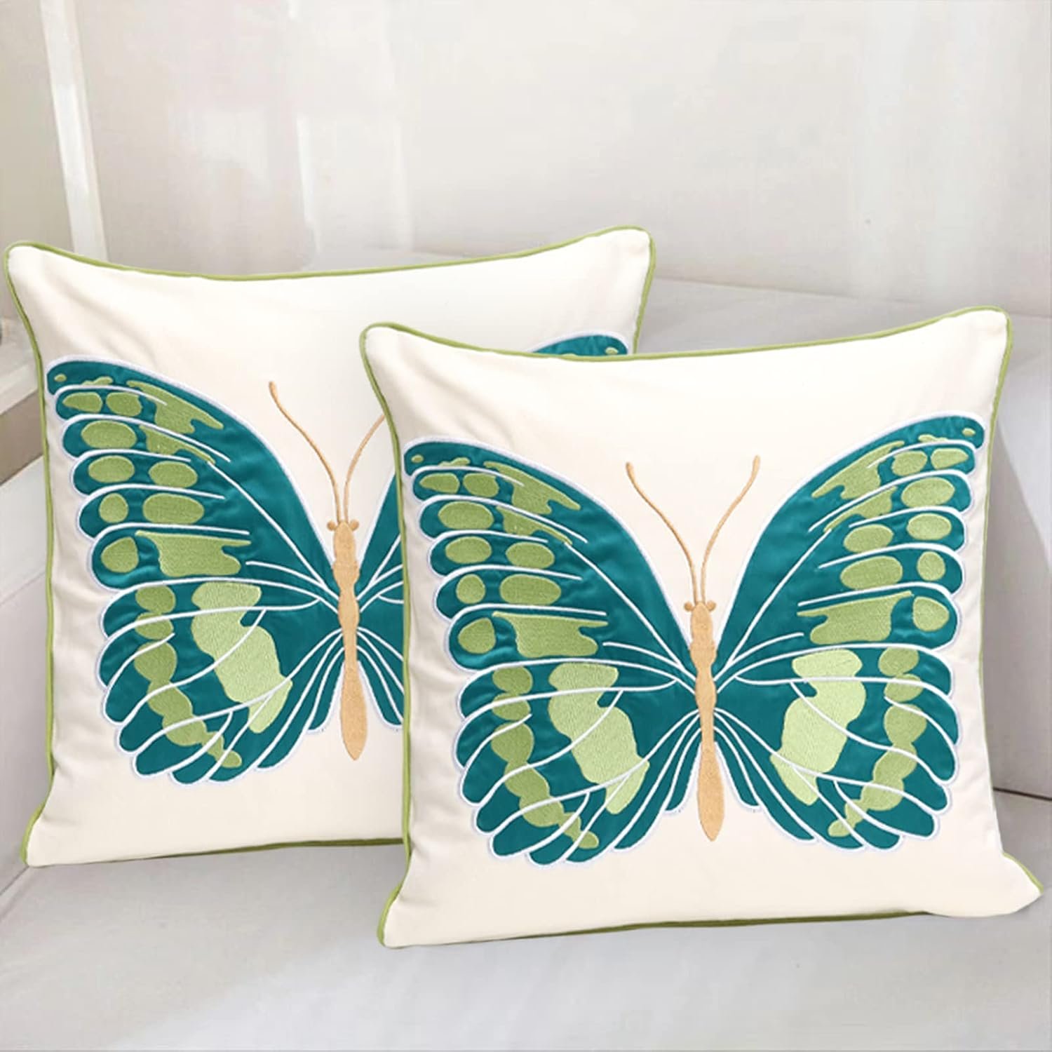 Set of 2 Embroidered Decorative Throw Pillow Covers Couch Square Pillowcases Cushion for Bedroom Sofa Farmhouse Decor 18x18 Inch (Big Butterfly) - Image 2