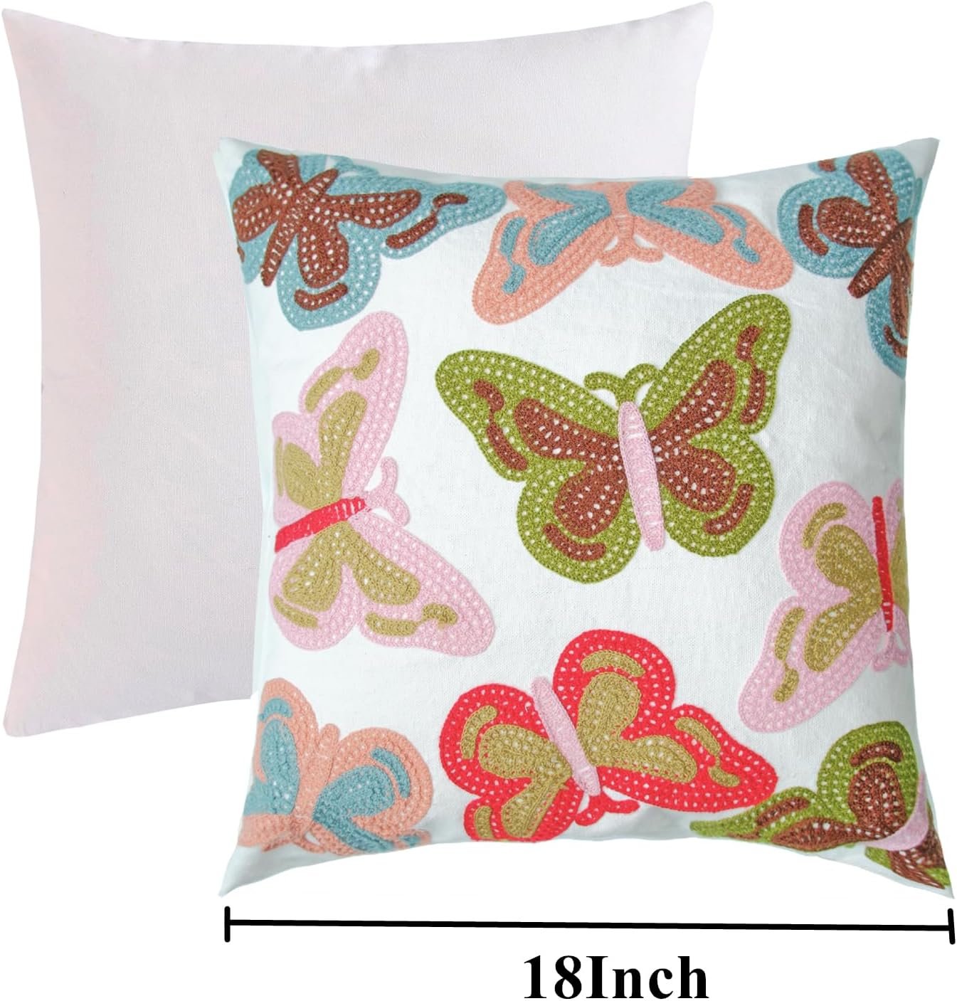 Embroidered Decorative Throw Pillow Cover, 18"x18" Set of 2, Farmhouse Pillowcase Colorful Butterfly Knit Pattern Cotton Canvas Cushion Case Square Floral Pillow Case for Sofa Couch Bed Living Room - Image 2