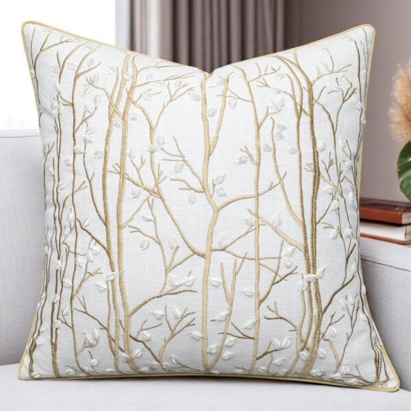 Embroidered Forest Throw Pillow Cover - 20x20 Inches Square - 100% Cotton Ivory Decorative Cushion Cover - Elegant Embroidery - Rustic Home Accent for Sofa, Bed, Couch, Farmhouse Décor