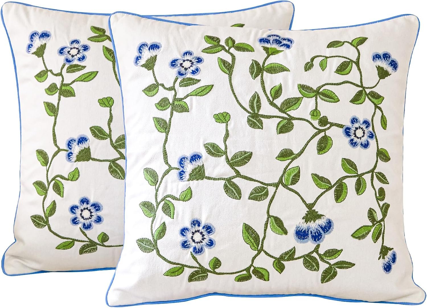 Summer Pillow Covers 18x18 - Embroidered Florals Throw Pillow Covers Set of 2, Blue and Green Vine Decorative Cushion Covers for Couch or Bed, Farmhouse Soft Cotton Pillowcases for Home Decor - Image 2