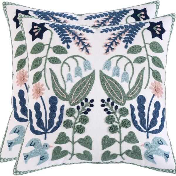 Flower Embroidered Throw Pillow Covers 16x16 inch Pack of 2 Green Leaves with Birds Floral Pillowcases Farmhouse Decorative Coastal Pillow Cushion Cases Square Navy Blue Flower Pillow Case