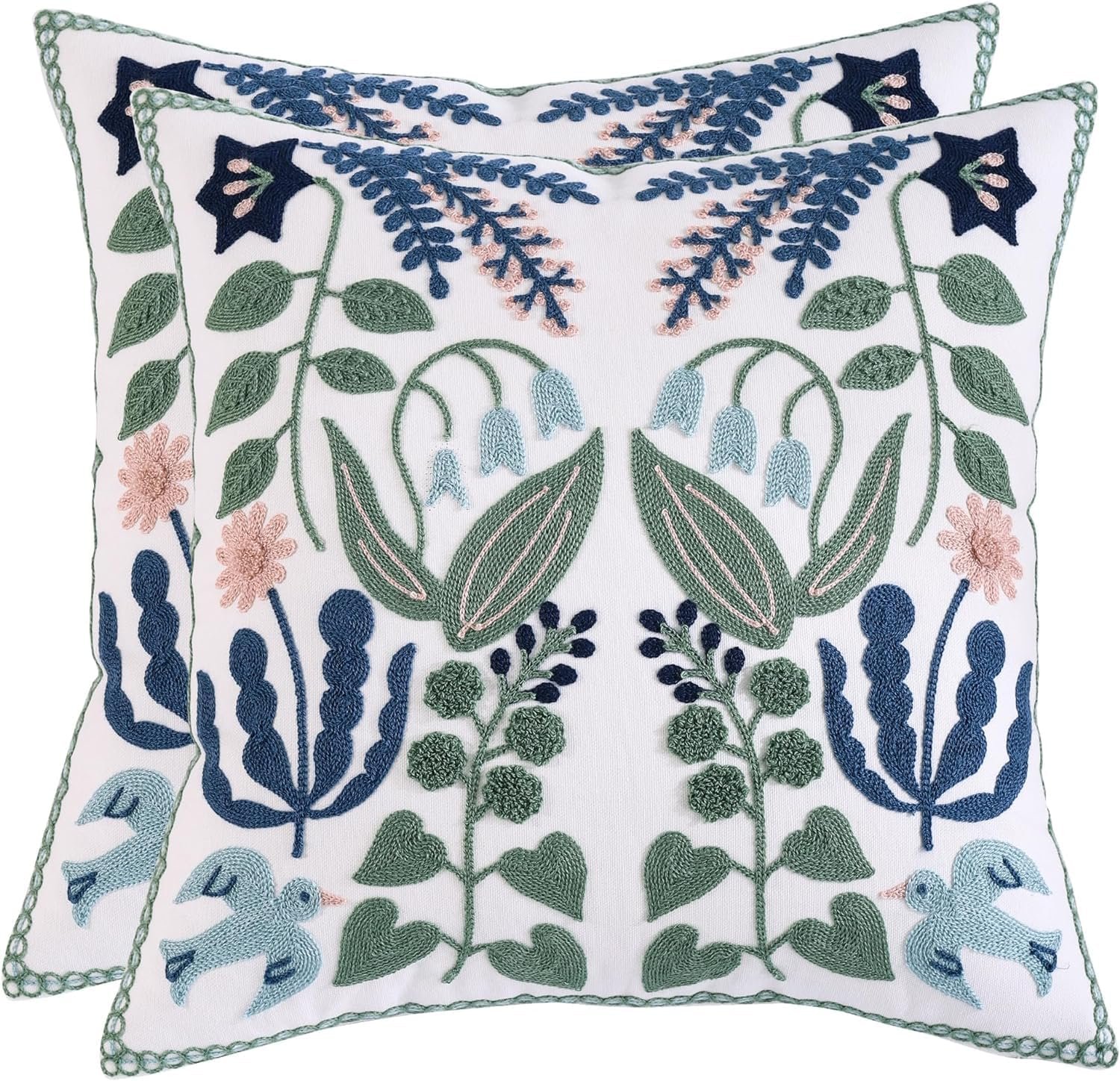 Flower Embroidered Throw Pillow Covers 16x16 inch Pack of 2 Green Leaves with Birds Floral Pillowcases Farmhouse Decorative Coastal Pillow Cushion Cases Square Navy Blue Flower Pillow Case