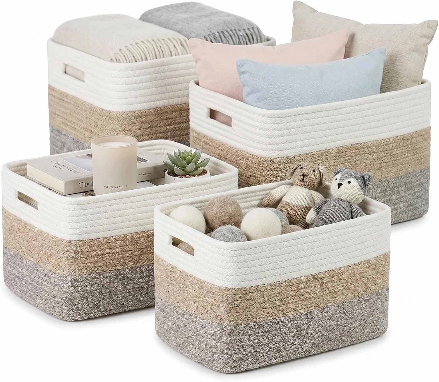 Hand-Woven Cotton Rope Storage Basket Set (4-Piece) For Home Organization