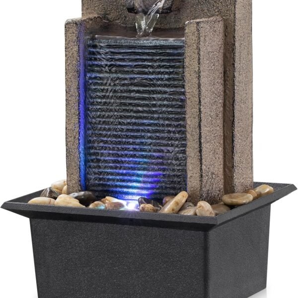 Tabletop Fountain Waterfall Fountain Office Tabletop Fountain Includes Many Natural River Rocks Decorated with Colorful Light 6.3" L x 5.12" W x 8.66" H