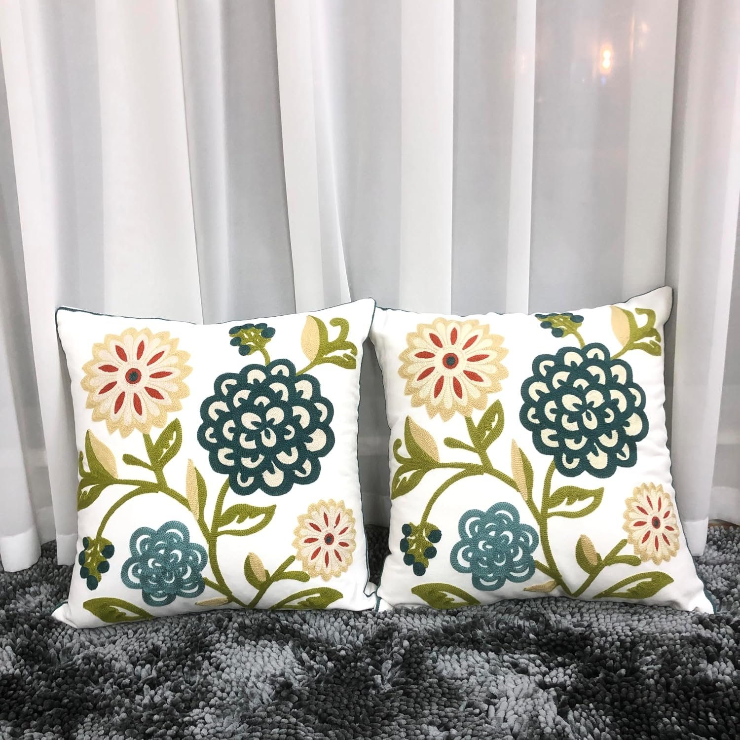 Flower Embroidered Pillow Covers 18x18 Summer Throw Decorative Pillowcases Colorful Farmhouse Plant Cushion Covers for Couch Sofa Bed Living Room Picnic 2 Pcs - Image 2