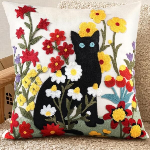 Embroidered Throw Pillow Covers - 18x18 Decorative Pillow Covers with Zipper Aesthetic Cute Design Boho Summer Linen Throw Pillowcases for Living Room Couch Sofa Bed, Flower Cats