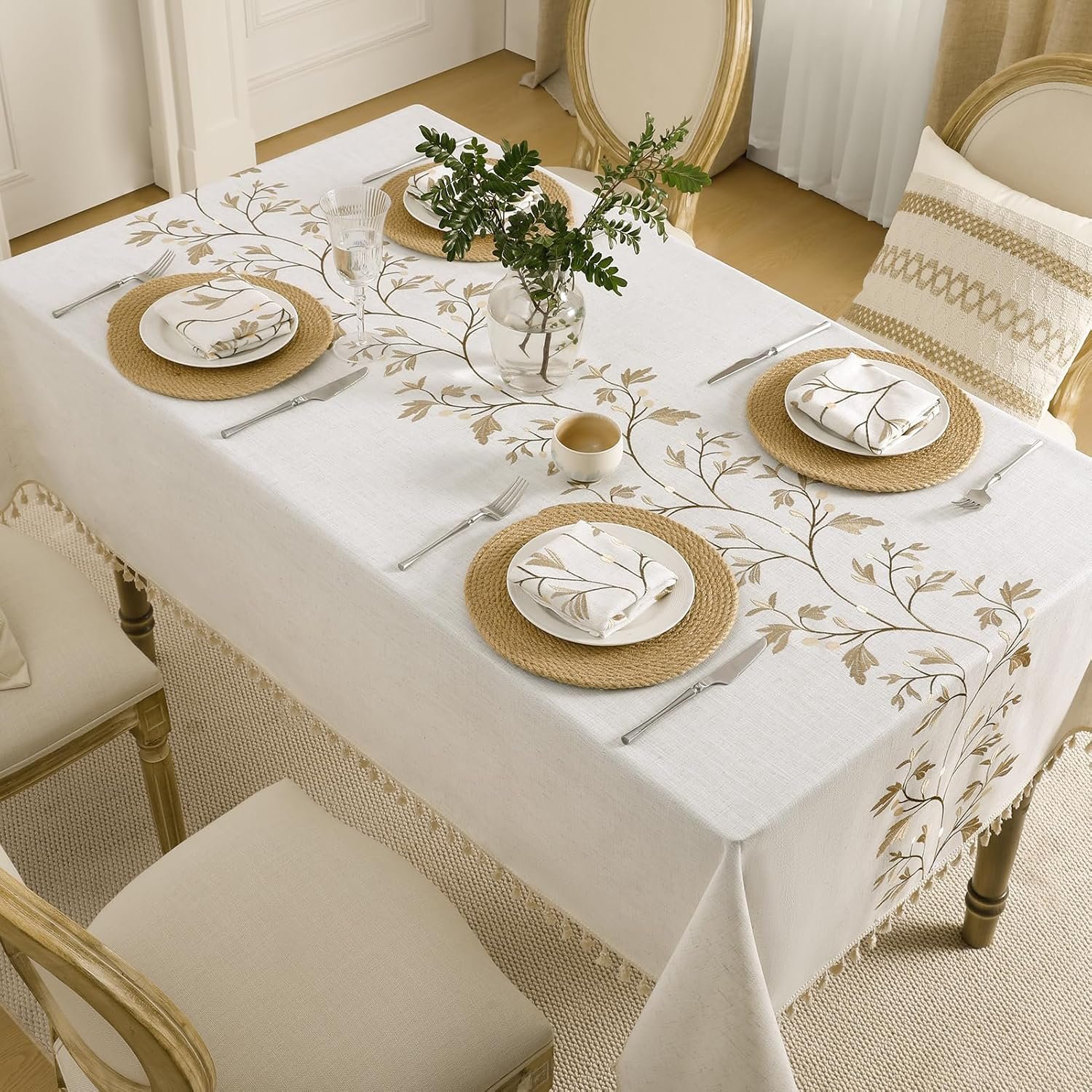 Wrinkle-Resistant Cotton-Linen Tablecloth with Floral Embroidery & Tassels - Image 2