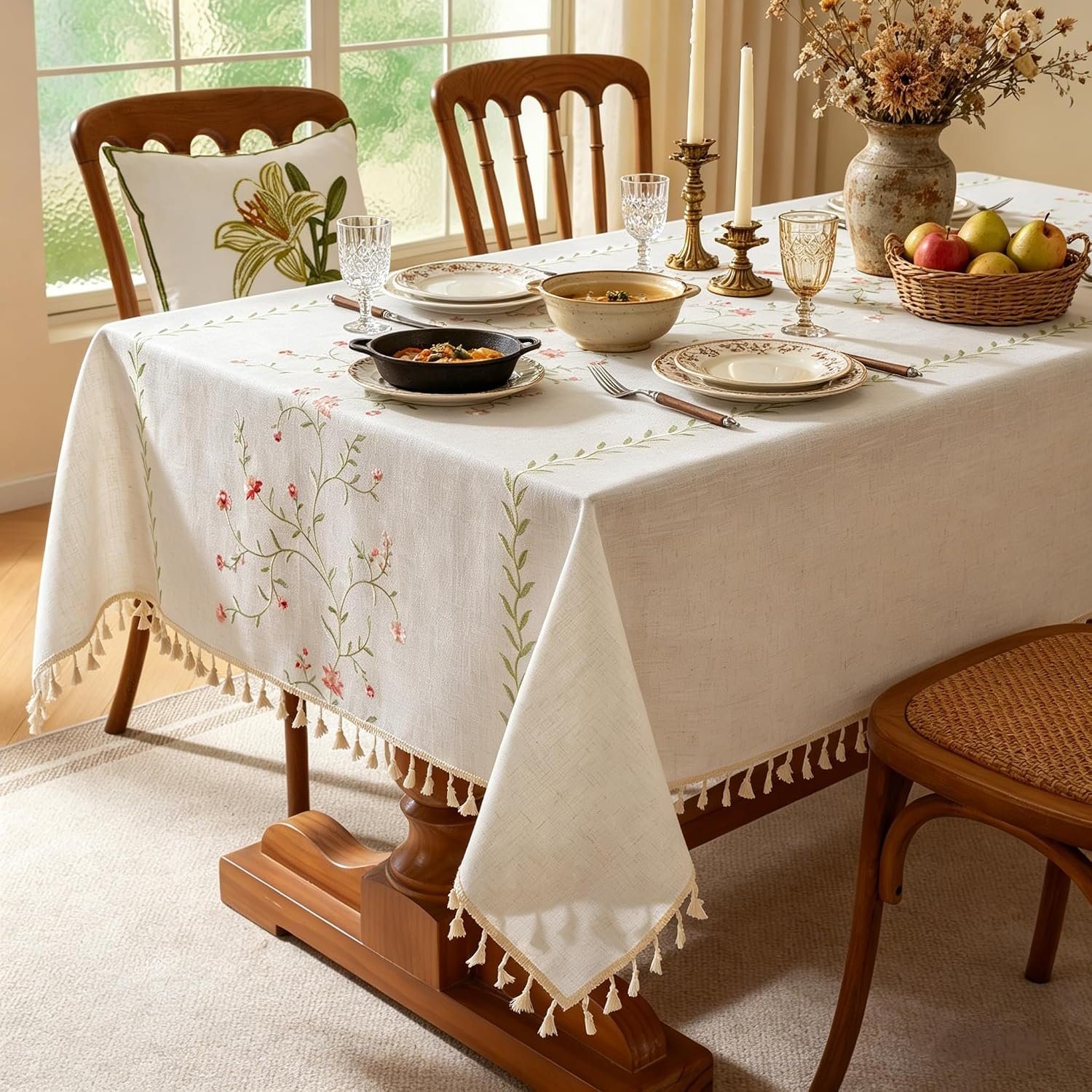 Waterproof & Wrinkle-Resistant Cotton-Linen Tablecloth with Floral Embroidery & Tassels - Image 2