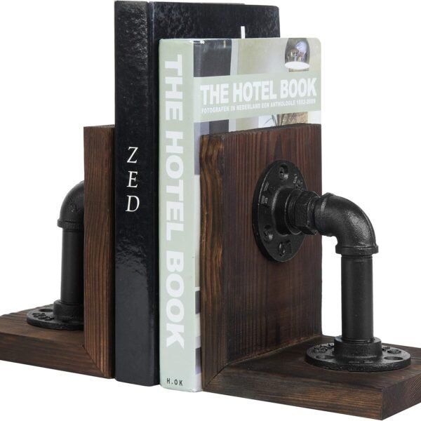 Dark Brown Industrial Pipe & Rustic Wood Bookends, Set of 2