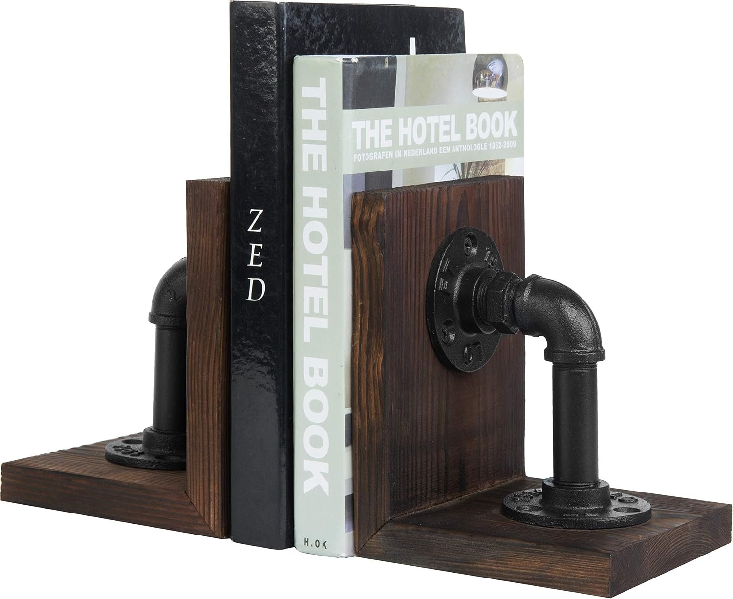 Dark Brown Industrial Pipe & Rustic Wood Bookends, Set of 2