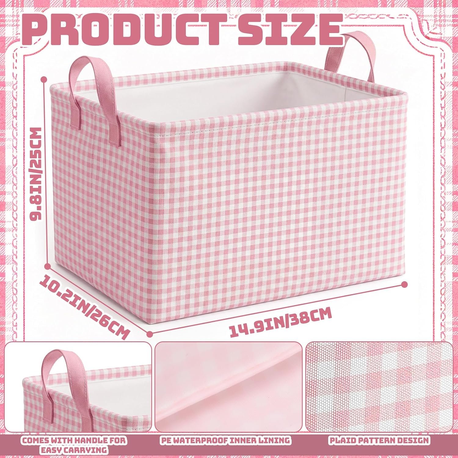 Pink Plaid Storage Basket; Foldable With Handles - Image 2