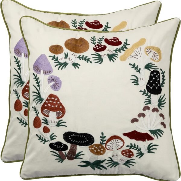 Embroidered Throw Pillow Covers 18 x 18 inch Pack of 2 Mushrooms Spring Decorative Pillowcases Farmhouse Cotton Pillow Cushion Cases Home Decor Square Floral Pillow Case