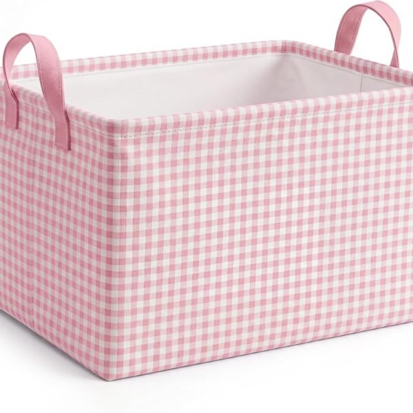 Pink Plaid Storage Basket; Foldable With Handles