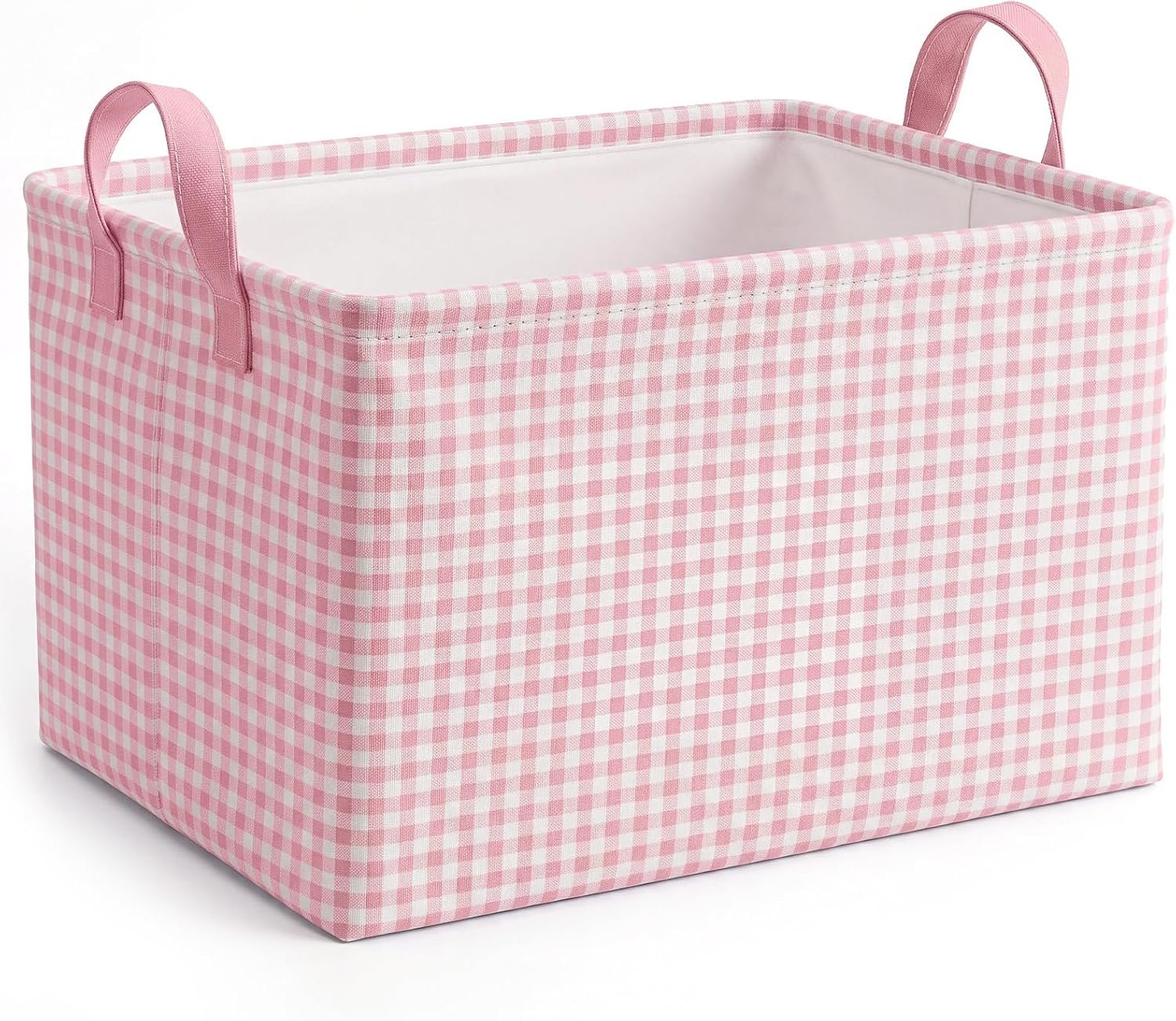 Pink Plaid Storage Basket; Foldable With Handles