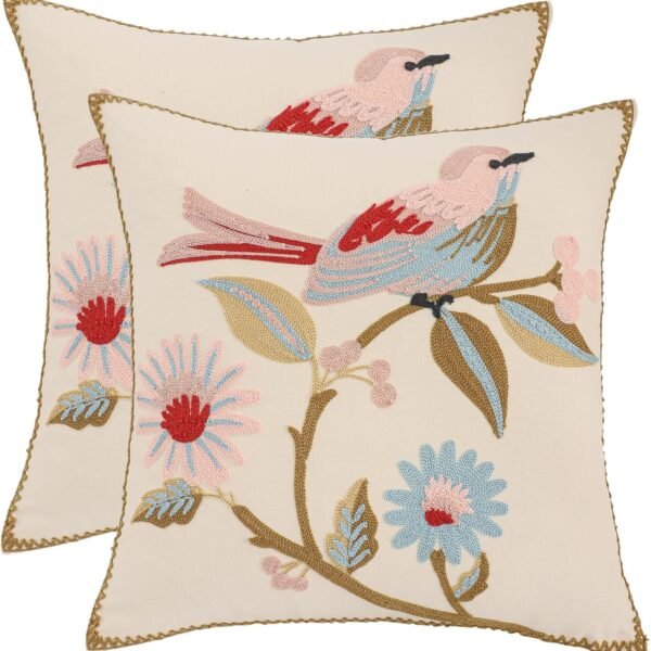 Embroidered Throw Pillow Covers 18x18 Inch Pack of 2 Spring Farmhouse Floral Pillowcase Square Canvas Cushion Cover for Couch Sofa Bed Living Room (Pink Bird)
