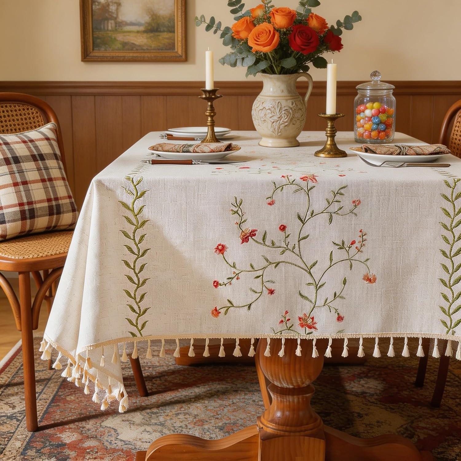 Waterproof & Wrinkle-Resistant Cotton-Linen Tablecloth with Floral Embroidery & Tassels