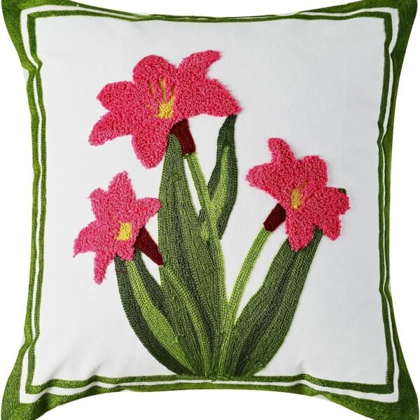Pink Daffodil Flower Embroidered Throw Pillow Covers, Farmhouse Decorative Square Floral Accent Cushion Covers, Lumbar Pillow for Sofa Living Room Bedroom Home Decor Art 18 x 18 Inch