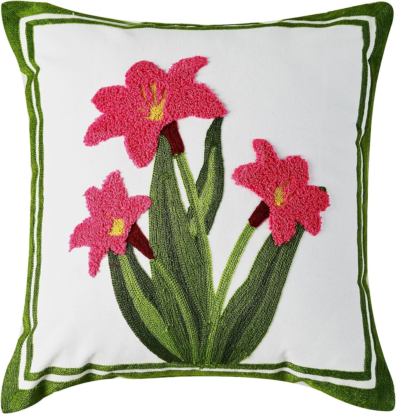 Pink Daffodil Flower Embroidered Throw Pillow Covers, Farmhouse Decorative Square Floral Accent Cushion Covers, Lumbar Pillow for Sofa Living Room Bedroom Home Decor Art 18 x 18 Inch