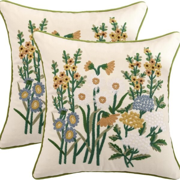Embroidery Floral Pattern Throw Pillow Covers 18x18 Inches, Set of 2 Couch Pillows Case for Bed Living Room Chair, No Insert (Yellow, 18 * 18 inch)
