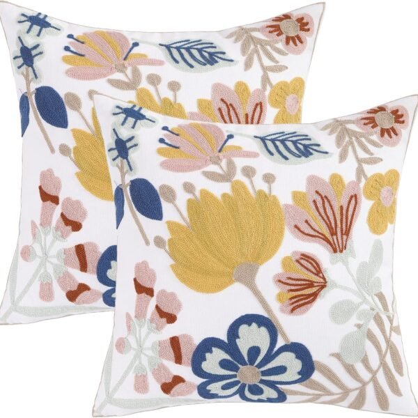 Spring Embroidery Floral Pattern Throw Pillow Covers 18x18 Inches, Set of 2 Couch Pillows Case for Bed Living Room Sofa Chair, No Insert (Multi Flowers)