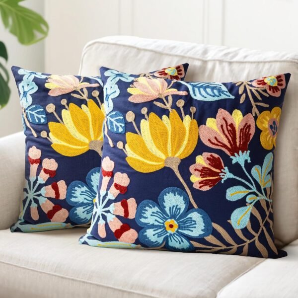 Embroidered Throw Pillow Covers 18"x18" Set of 2, Boho Chic Modern Farmhouse Floral Cotton Cushion Covers for Couch, Sofa, Bed, and Living Room Decor – Blue Yellow Flower
