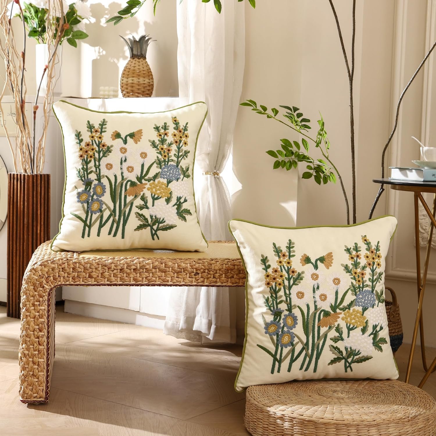 Embroidery Floral Pattern Throw Pillow Covers 18x18 Inches, Set of 2 Couch Pillows Case for Bed Living Room Chair, No Insert (Yellow, 18 * 18 inch) - Image 2