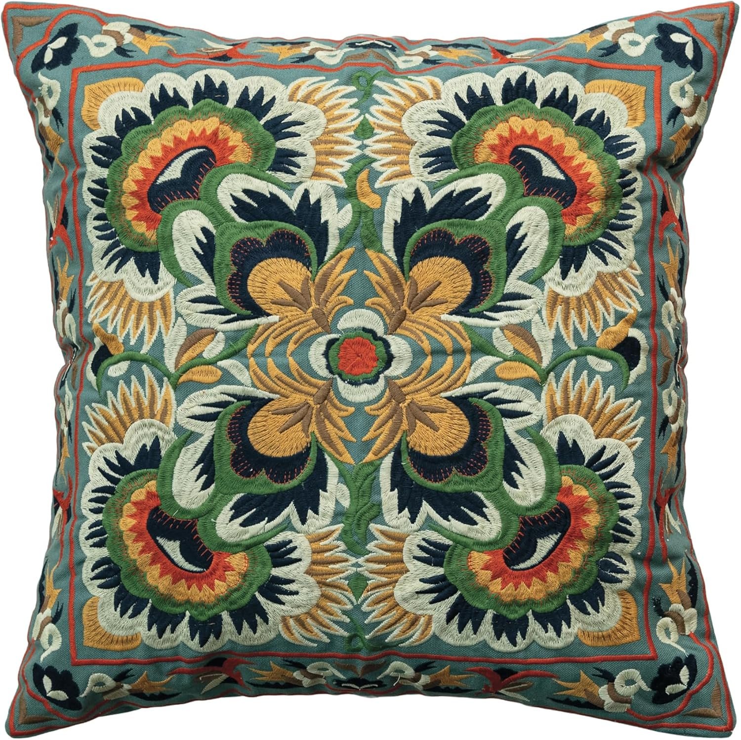 , Multi Square Cotton Embroidered Pillow with Design, Color