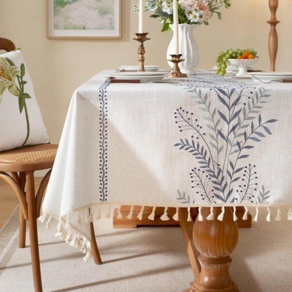 Waterproof & Wrinkle-Resistant Cotton-Linen Tablecloth with Floral Embroidery & Tassels