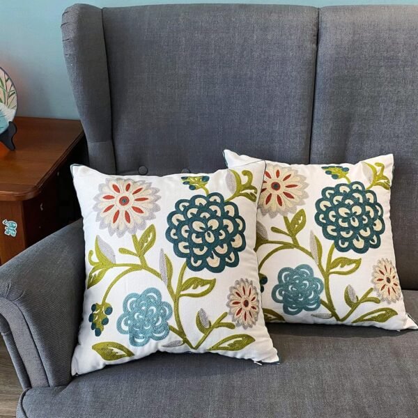 Flower Embroidered Pillow Covers 18x18 Summer Throw Decorative Pillowcases Colorful Farmhouse Plant Cushion Covers for Couch Sofa Bed Living Room Picnic 2 Pcs